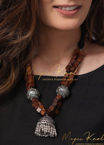 Exclusive double layered wooden beaded ethnic necklace with german silver pendant - Satkahon Studio