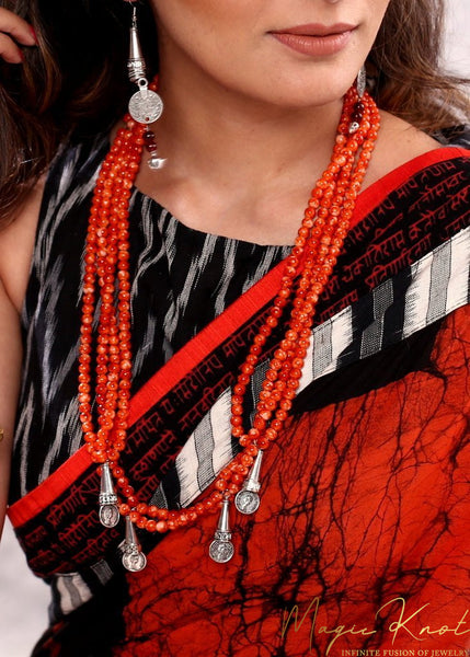 Handmade orange beaded layered necklace set with oxidised coin tassels - Satkahon Studio