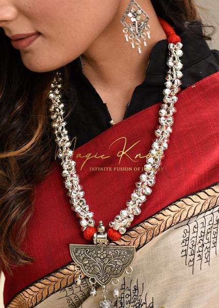 Exclusive Ghungroo & german silk pendant red necklace set - Satkahon Studio