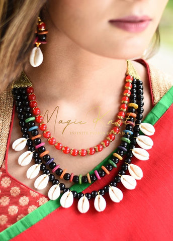 Exclusive cowrie and beads combination three layered necklace set - Satkahon Studio