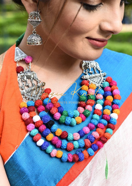 Exclusive multicolor multilayer thread ball and elephant necklace - Satkahon Studio