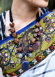 Exclusive wooden beads and coin tassels with blue stone pendant - Satkahon Studio