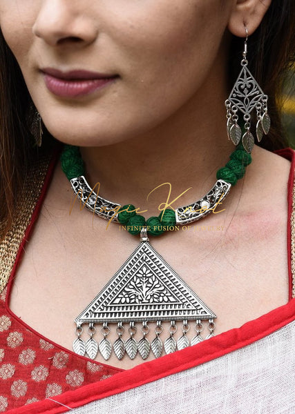 Green thread balls and german silver pendant necklace set - Satkahon Studio
