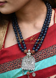 Royal blue glass beaded necklace with german silver pendant - Satkahon Studio